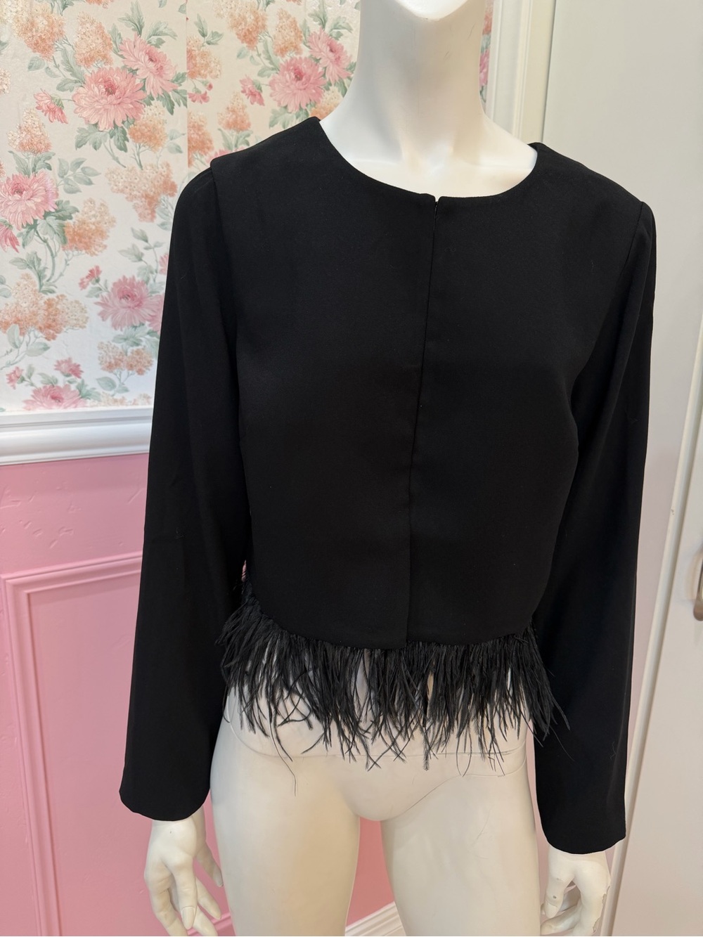 White House Black Market Black Feather-Trim Long Sleeve Top